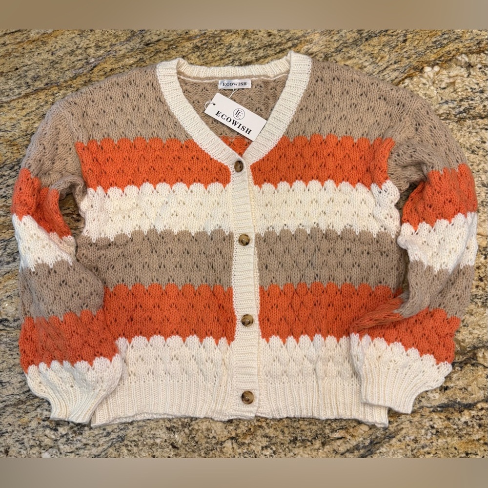 Ecowish Chunky Knit Cardigan Tan, Orange, Cream Stretchy Women’s Size XL - Picture 4 of 9